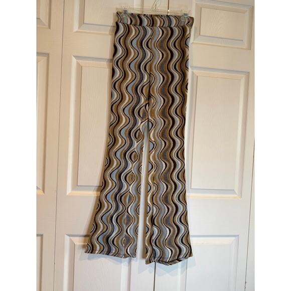 Wavy Pattern Flare Pants Brown Blue Beige Retro Style Trousers - Picture 6 of 7